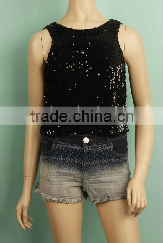 Plain black color mini T-shirt sleeveless women sequin vest