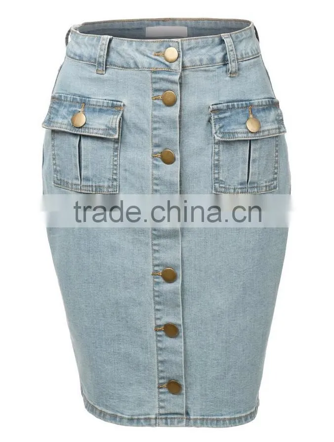 new models Womens High Waisted Denim Pencil Skirt with Stretch button jeans skirts