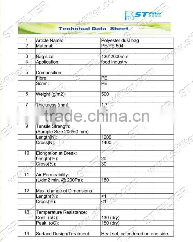dacron filter bag for food industry