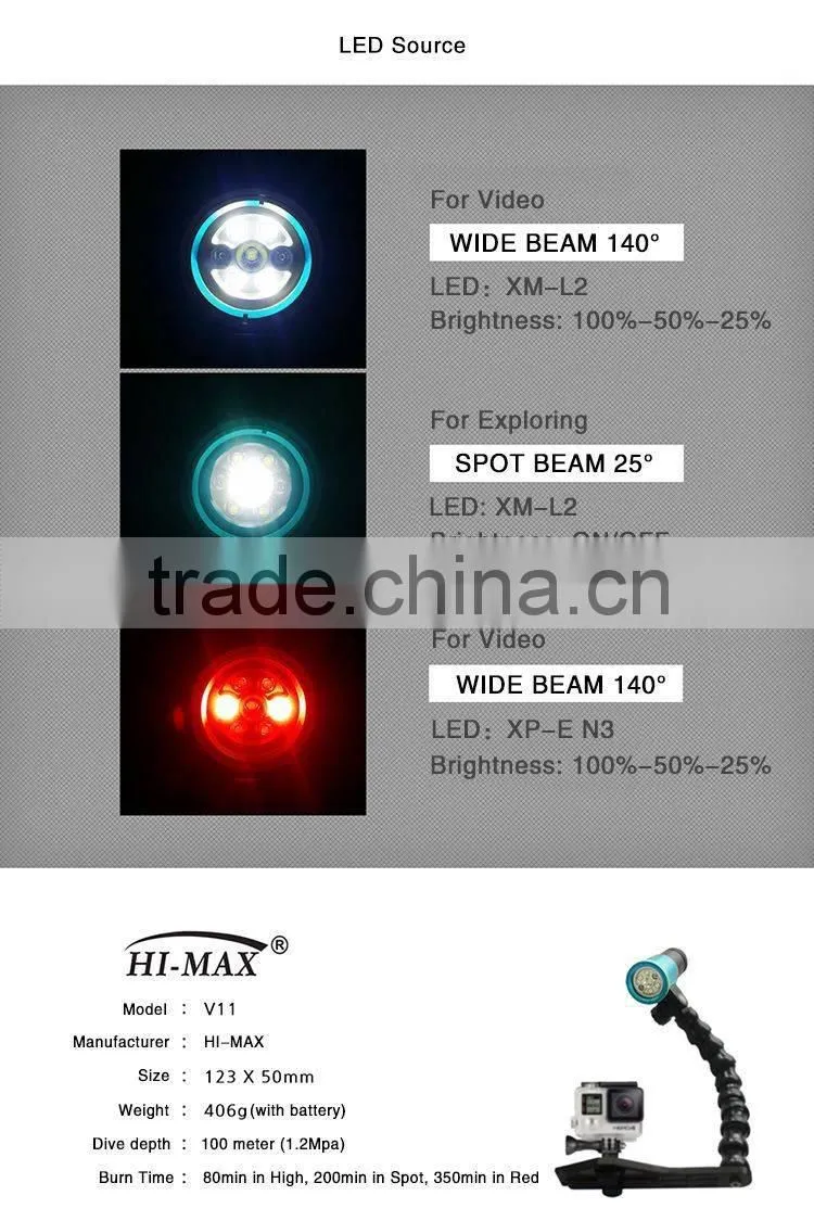Hi-max V11 diving video light 2400lm u2led white & red lighting underwater diving
