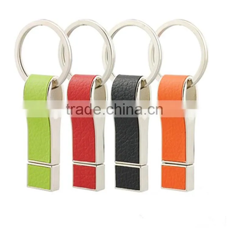 2015 new different colors leather pen drive with keyring