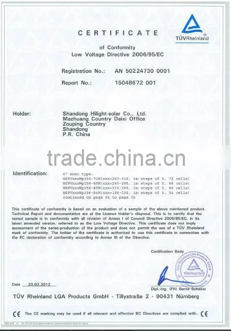 300w panneau solaire with TUV, CEC,IEC,CE,ISO certificate for solar system