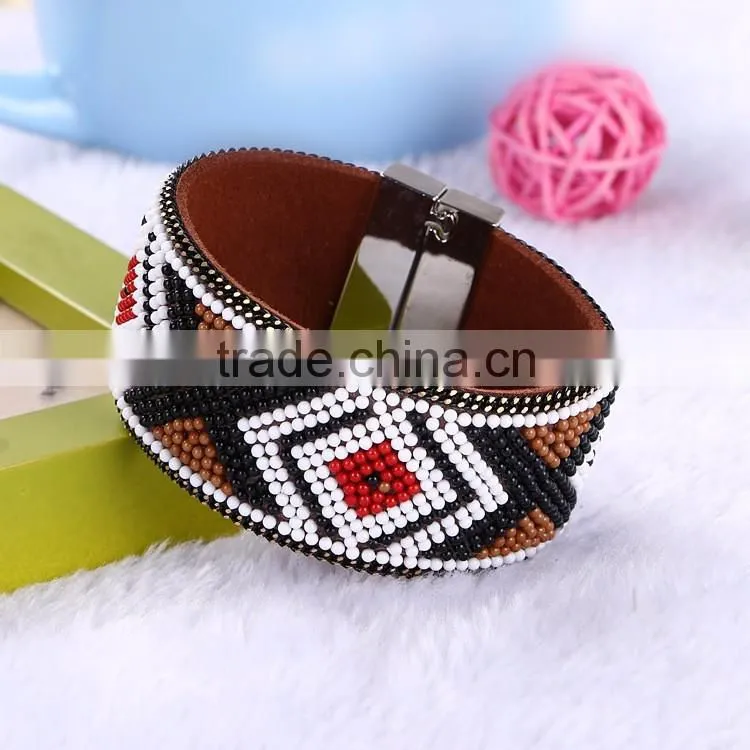 New Fashion Jewelry Woman Magnetic Clasp Leather Crystal Stones Bracelet