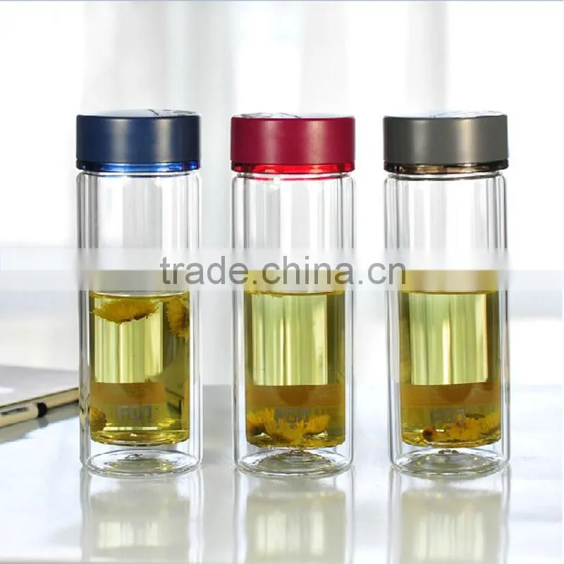 Hot Sale Double Wall Insulated Tea Glass Bottle Three Color Tea Cup Water Bottle