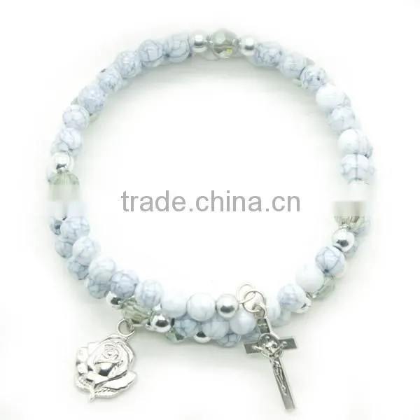 6mm arcylic beads steel wire bracelet with cross and alloy rose,5mm silver plastic beads ,high quality catholic bracelet