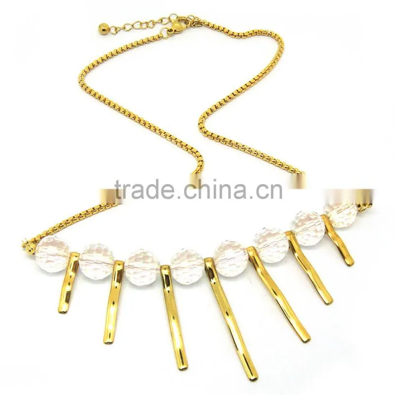 Stainless steel gold tone bar tassel crystal jewelry set necklace