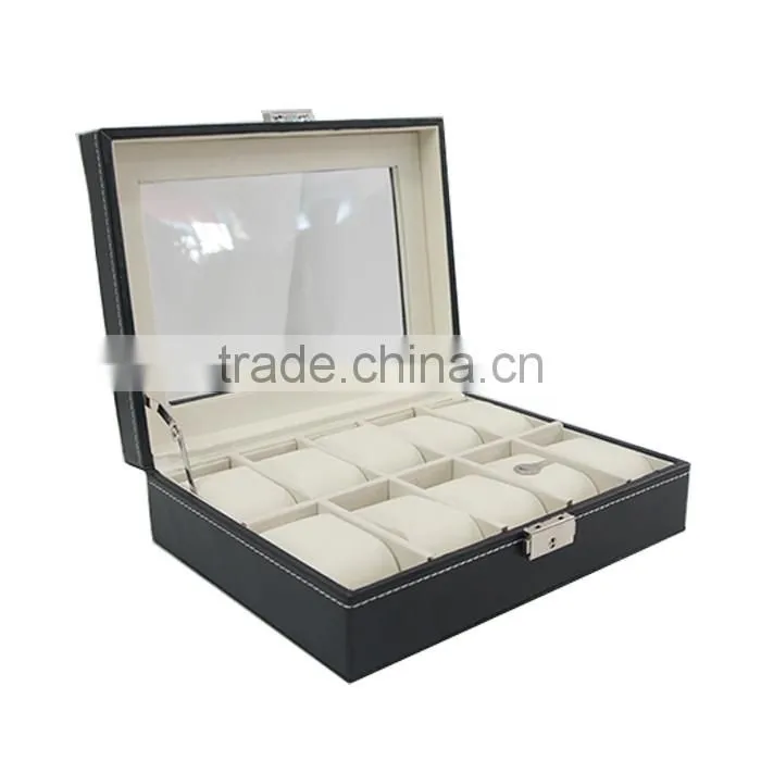 Store More Watch Box Large 10 Mens Black Leather Display Glass Top Jewelry Case Organizer