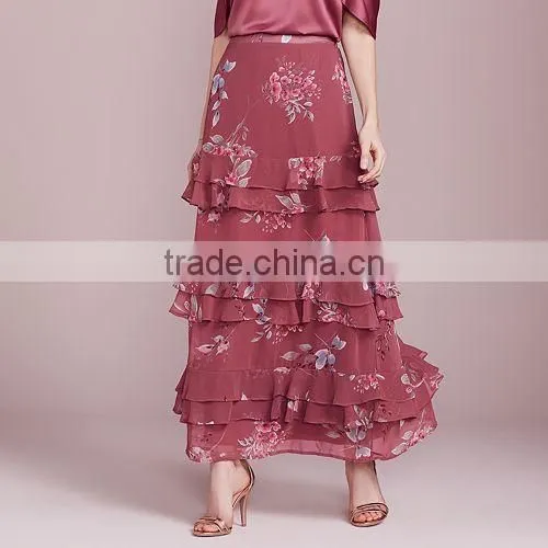 Solid Color Floral Chiffon Tiered Ruffle Maxi long skirts for women