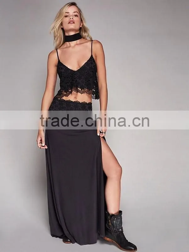 Two piece outfits women sexy lace top and side slit long skirt 2017
