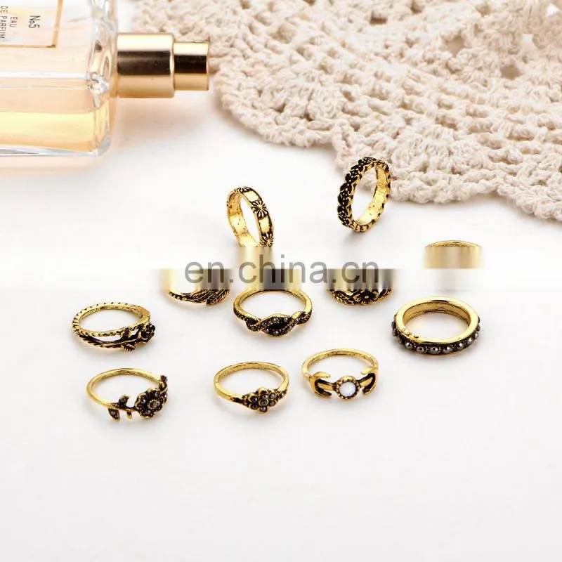 11pcs/set Retro Bohemia Rose Bouquet Jade Flower Totem Knuckle Midi Finger Stacking Ring Jewelry Ring Sets