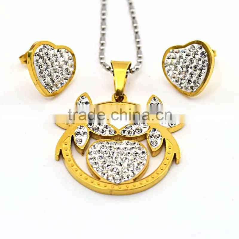High Quality Women European Fashion Jewelry Set Chain Crystal Pendant Necklace & Charm Heart Earrings