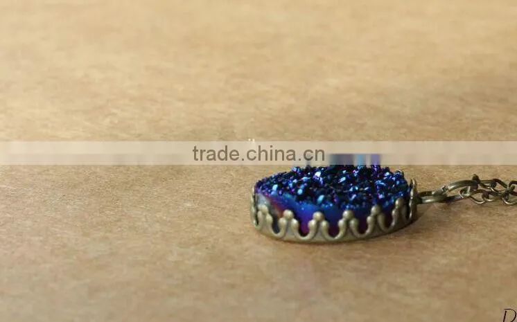 Blue Druzy Oval Shape Copper Pendant Necklace/ Blue Druzy Necklace