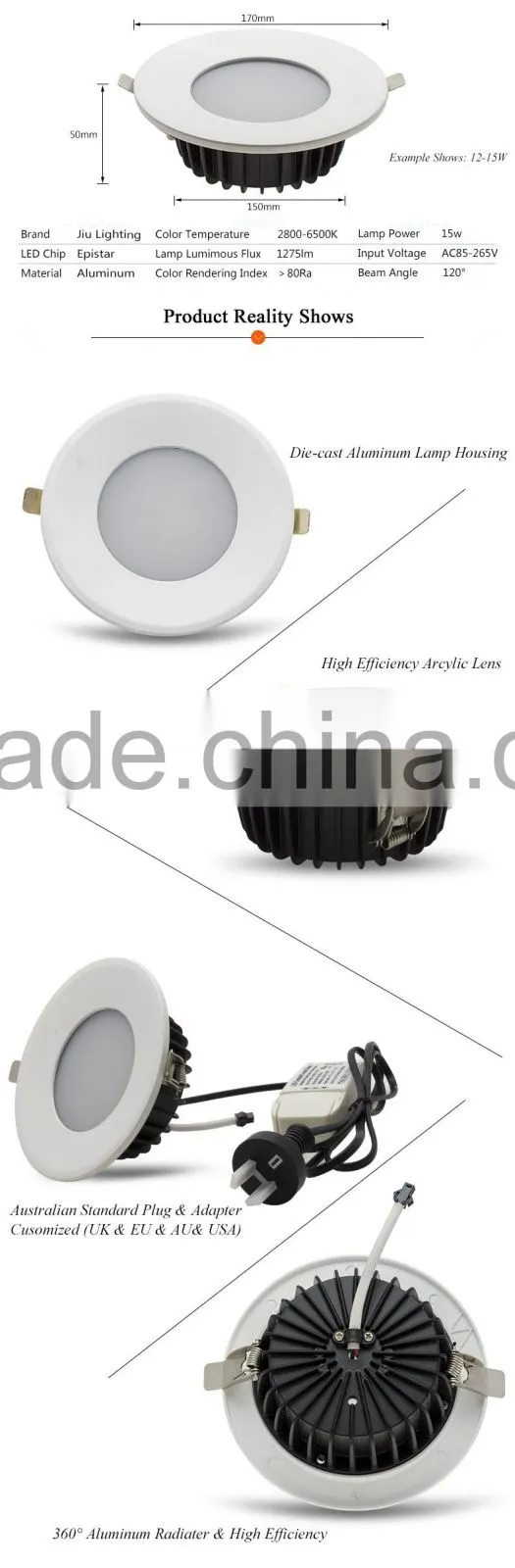 2015 Top Quality High Lumen CE ROHS SAA 3W 5W 7W 9W 12W 15W 18W LED Downlight