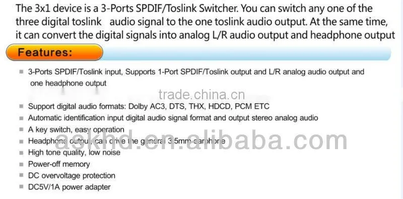 Digital Optical to L/R Analog decoder with 3x1 Spdif switcher