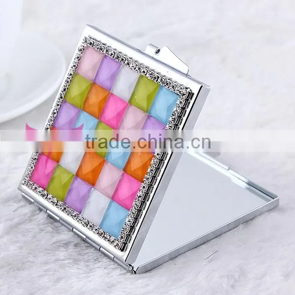 Rainbow color rhinestone double side square cosmetic mirror,makeup double sided square mirror