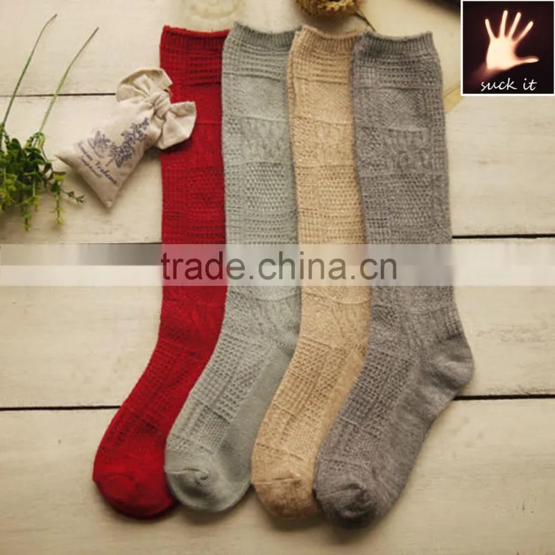 custom Women Girl Cotton knit Knee High Socks with Solid Color