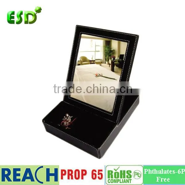 ESD PU Leather travel cosmetic folding mirror with photo frame