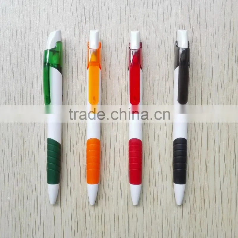 Plastic white barrel ballpen with colored grip