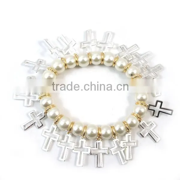 Handmade bracelet chain with 8 mm white glass beads and hollow-out cross