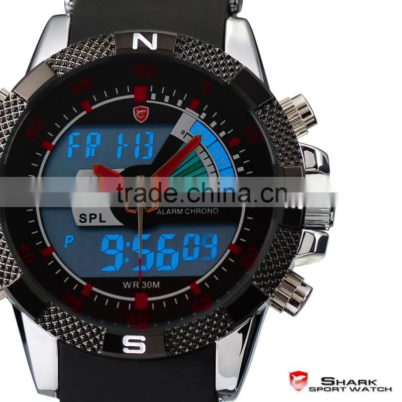 Shark Analog Digital Quatrz LCD Day Date Rubber Band Men LED Wrist Watch