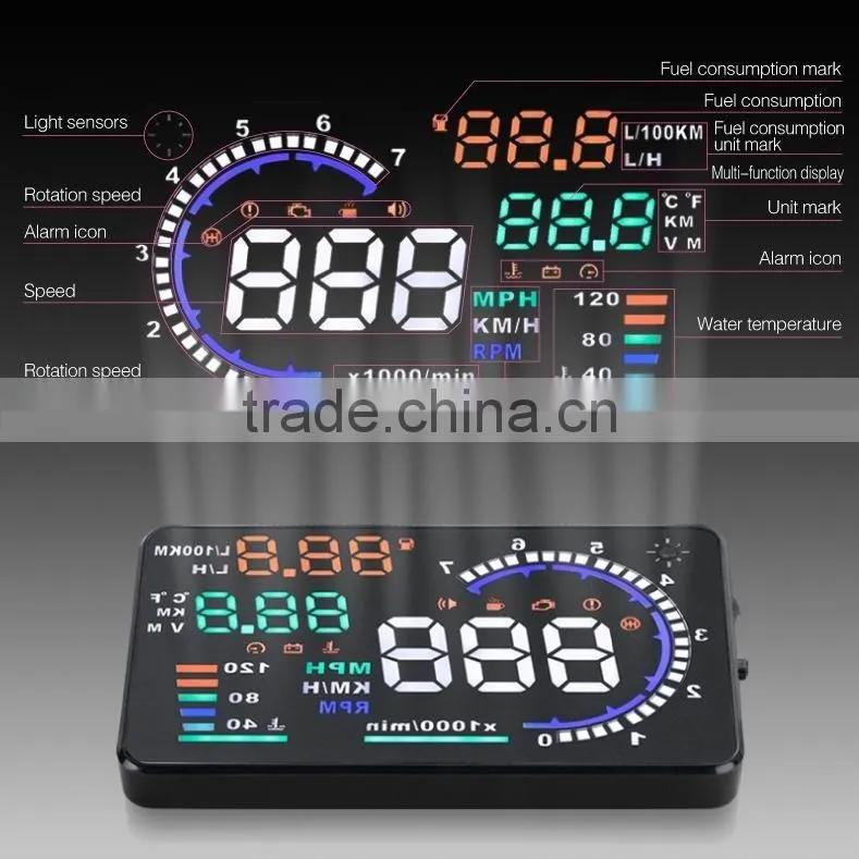 Hot-selling New Colorful Big 5.5 Display Screen Car HUD Head Up Display OBD2 Feul Comsuption/Speed/Tire Pressure Alarm Car HUD