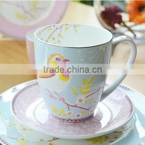 bird Porcelain Ceramic coffee Cups Saucers and flat plate