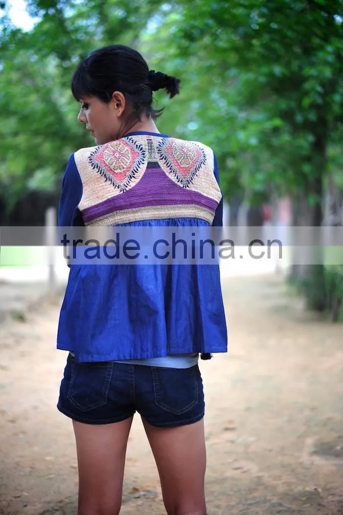 Denim Jacket in Kediyu Style with Vintage Kantha Fabric ~ Medium