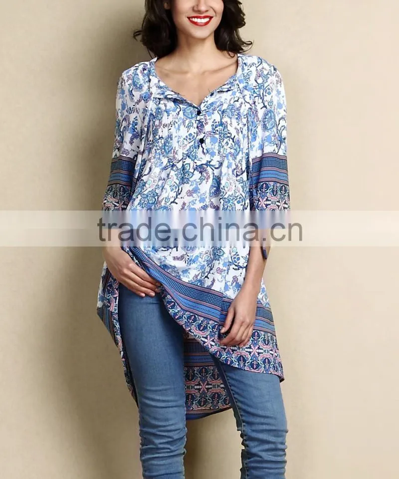 2016 New Women Blouse With White And Blue Floral Chiffon Hi-Low Tunic Women Tops Women Wear GD90426-19