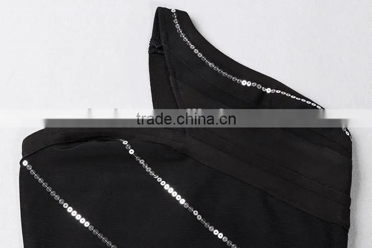 New Designer One Piece Sexy Flash Stripes Black One-shoulder Party Dress