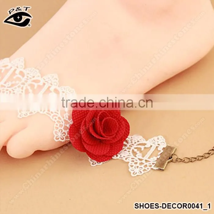 Red Flower Design With Lace Ribbon Anklets Foot Ornament For Fashion Women