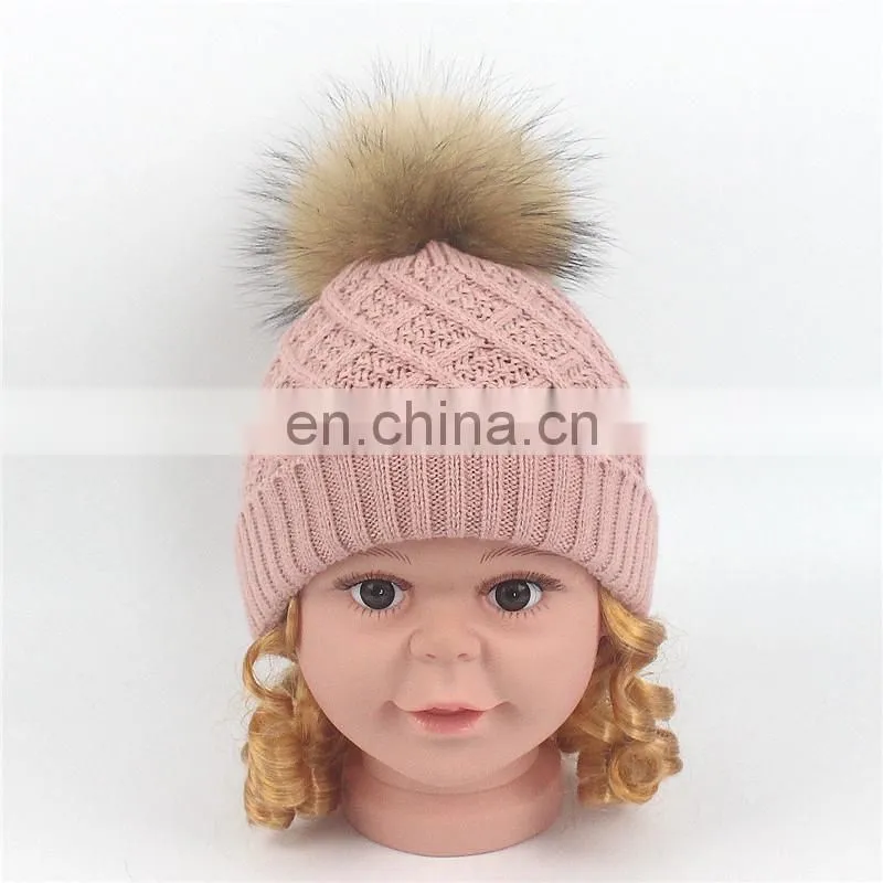 Best-selling Unisex Wholesale Striped Real Fur Pompom Baby Beanie Hat