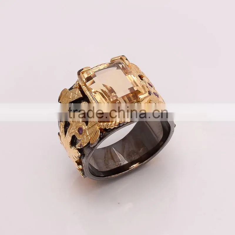 925 SOLID STERLING FINE SILVER VICTORIAN CITRINE RING BLACK & GOLD RHODIUM