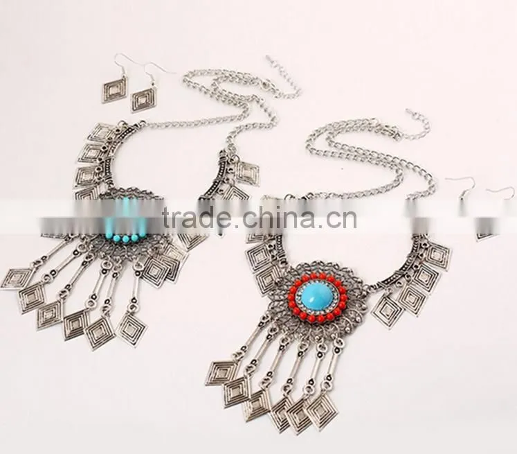 Fashion Jewelry Vintage Look National Style Turquoise Jewelry Set Long Chain Necklace Set