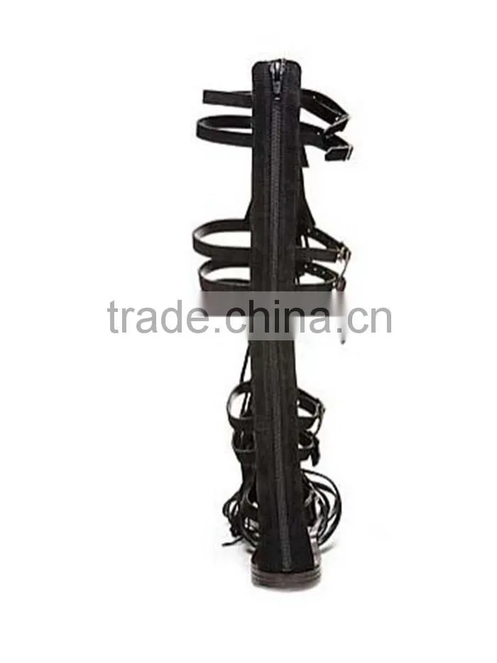 New Style Women Genuine Leather Gladiator Sandal Lace up Flat Knee High Sandal Boots