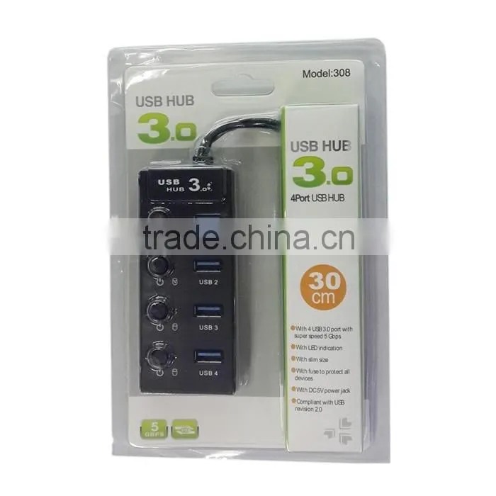 High Speed 5Gbps Computer 4 Port Usb 3.0 Hub with power switch