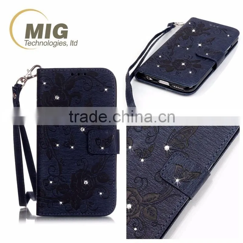 Fasion designed Diamond butterfly wallet leather case cover with strap, leather case with inside TPU for iphone 6s/6 plus