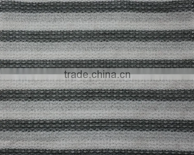 Jiufan Textile 2015 Hot Sale Knit Yarn Dyed Strip Polyester Rayon Fabric with 2% Lurex Strip for Sweater