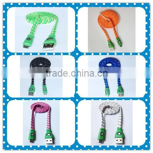 New Fashionable Colorful Flat Noodle Diamond LED Fabric Braided Micro USB Cable for Samsung HTC