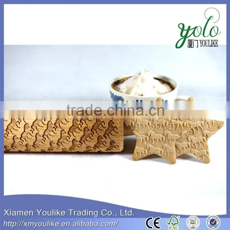 eco-friendly bamboo rolling pin with engraved horse pattern