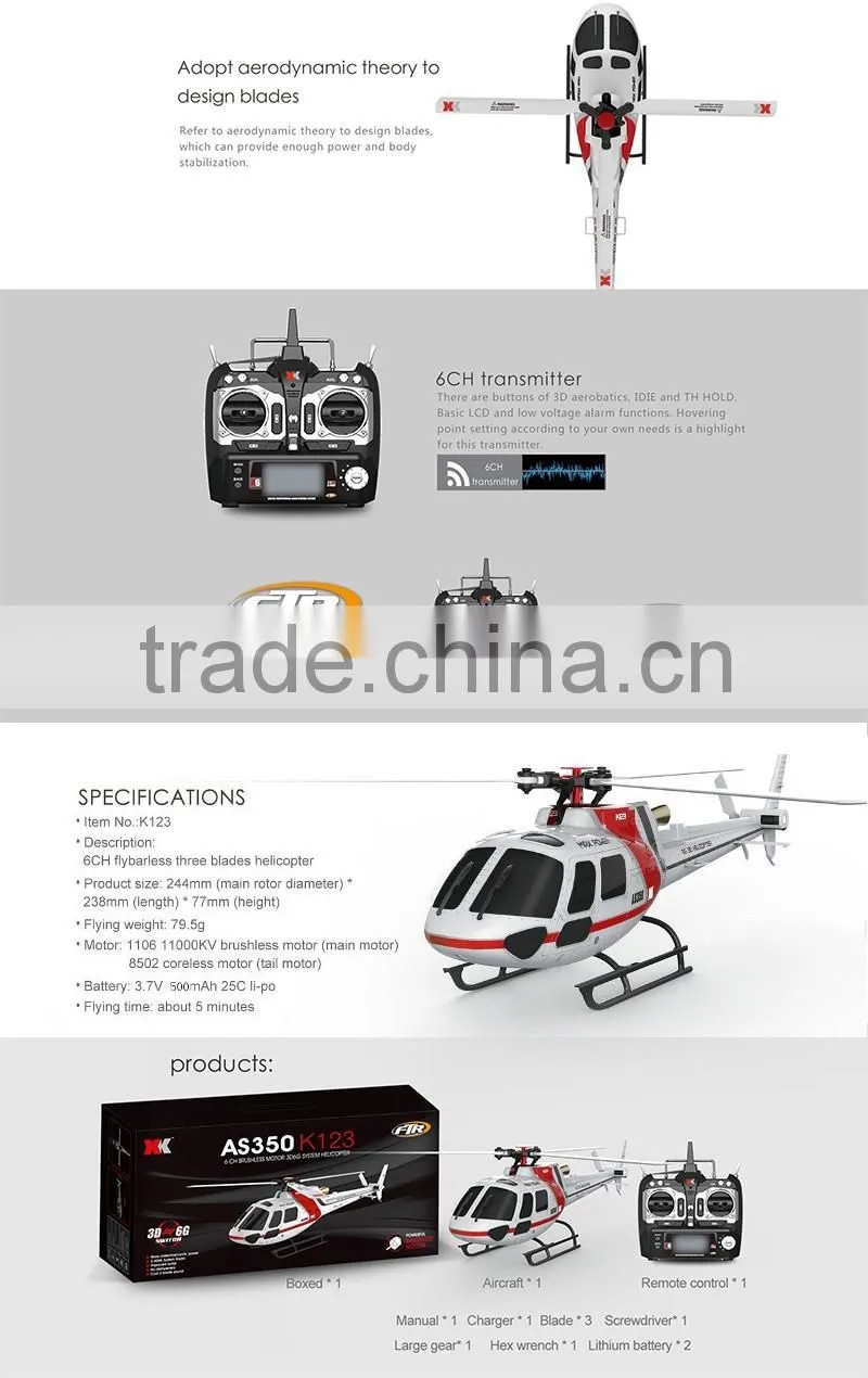 Wltoys XK K123 6CH 3d flybarless three blades brushless rc helicopter toys with low voltage alarm