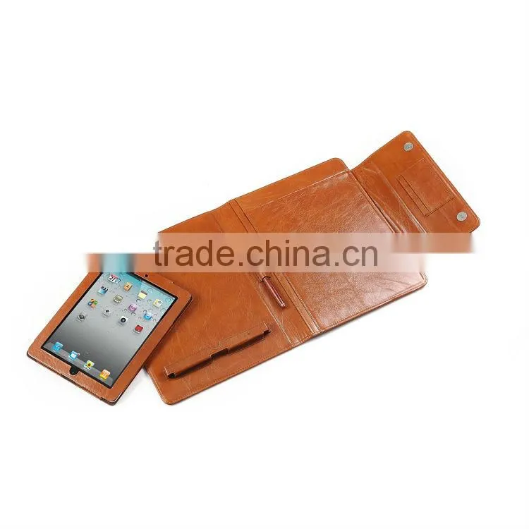 Smooth Brown Leather Padfolio With Quick-Release iPad Holder