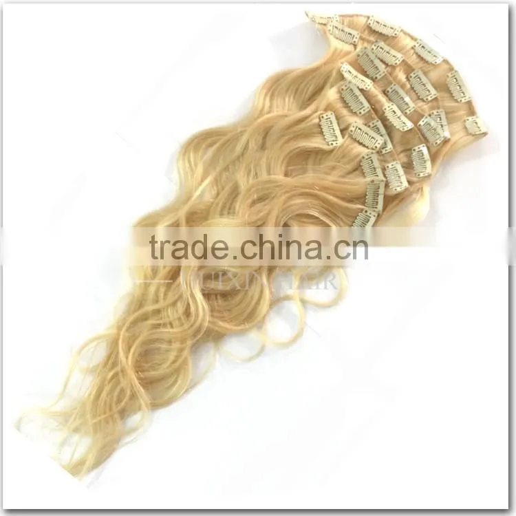 Blonde Cambodian Human Hair Wavy Clip In Hair Extension