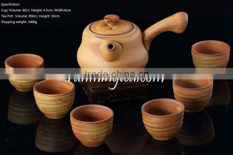 Handmade Crude Ceramic Tea Set Including One Long Handle Tea Pot& 6 Brown Tea Cups In Package Gift Box