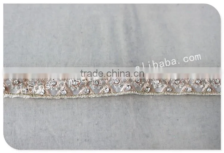 Elegant design 2.5cm width champagne crystal trim bridal embrodiery