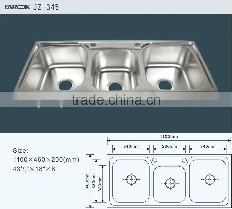 high quality triple bowl stainless steel undermount kitchen dishwash sink