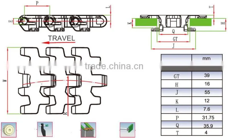 82.6-R150 Plastic multiflex small radius side flexing flat top chain