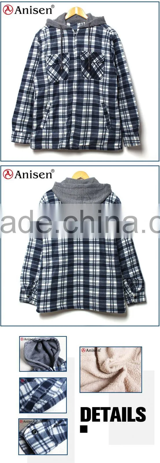 garment stock lot Chinese supplier men fleece plaids jacket with hood