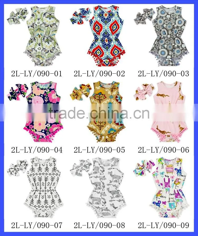 2LLY-090 Lovebaby punjabi designer suits boutique printed animals with bow accessory pom pom jumpsuits for 0-2t baby