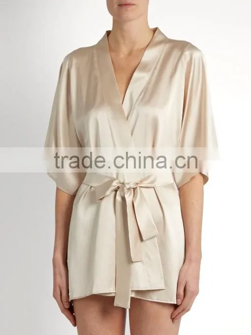 Wholesale & custom kimono robe, ladies luxury silk satin robe, romantic silhouette knee length robe