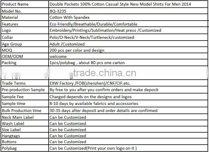 Double Pockets 100% Cotton Casual Style New Model Shirts For Men 2014